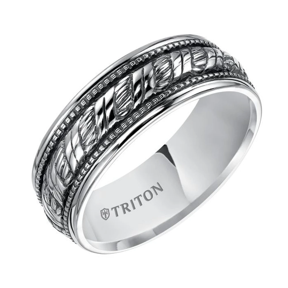 Triton Gents 8mm Sterling Silver Woven Milgrain Comfort Fit Band with Black Oxidation 11-4926SV-G.00 | Hannoush Jewelers