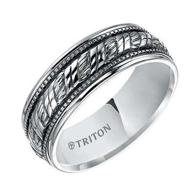 Triton Gents 8mm Sterling Silver Woven Milgrain Comfort Fit Band with Black Oxidation 11-4926SV-G.00 | Hannoush Jewelers