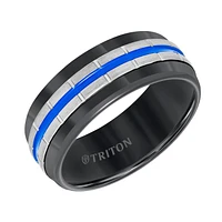 Triton Ladies 8mm Black Tungsten Carbide Band with Electric Blue Stripes 11-5944BCB8-L.00 | Hannoush Jewelers