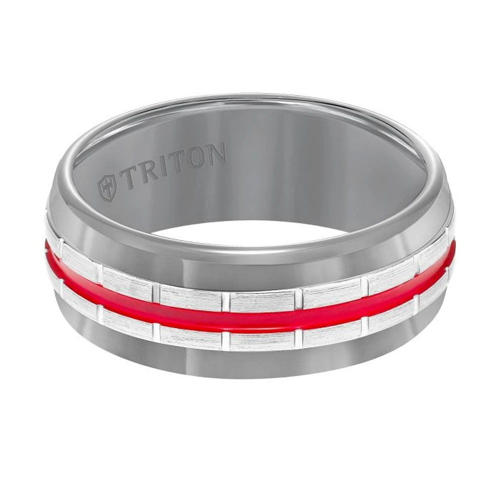 Triton Ladies 8.5mm Gunmetal Grey Tungsten Carbide Band with Red Center Stripe 11-5944HCR8-L.00 | Hannoush Jewelers