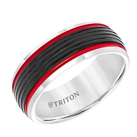 Triton Ladies 8mmm Black and White Tungsten Carbide Band Fire Red Stripes 11-5945MCR8-L.00 | Hannoush Jewelers