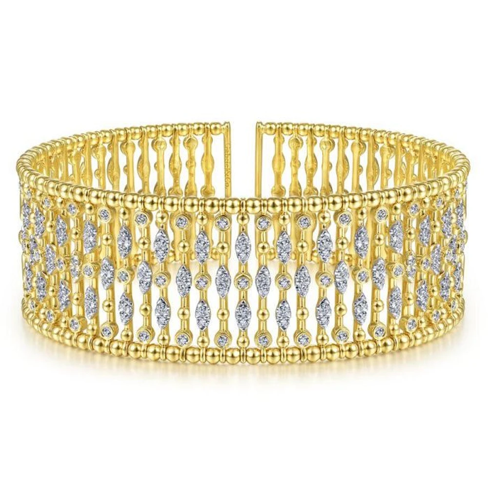 Gabriel & Co. - BG4295-62Y45JJ - Wide 14K Yellow Gold Cage Cuff Bracelet with Diamond Stations | Hannoush Jewelers