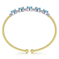 Gabriel & Co. - BG4448-62M45BT - 14K White-Yellow Gold Bujukan Bead Cuff Bracelet with Blue Topaz and Diamond Stations | Hannoush Jewelers