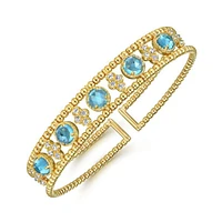 Gabriel & Co. - BG4614-62Y45BT - 14K Yellow Gold Bujukan Bead Cuff Bracelet with Inner Diamond Cluster and Blue Topaz Connectors. | Hannoush Jewelers