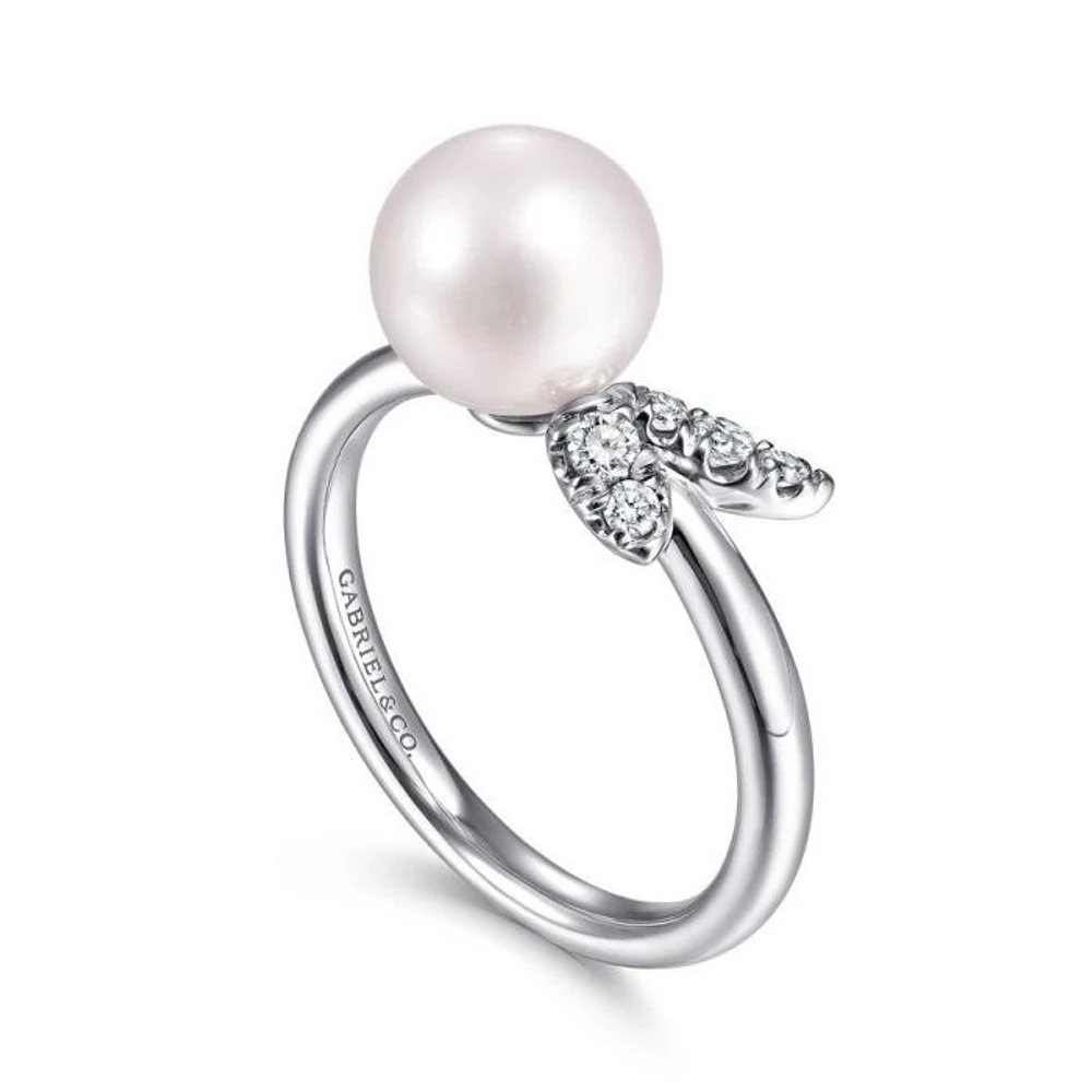 Gabriel & Co. - LR51805W45PL - 14K White Gold Pearl Ring with Diamond Leaves | Hannoush Jewelers