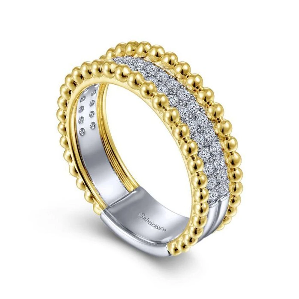 Gabriel & Co. - LR52019M45JJ - 14K White-Yellow Gold Three Row Diamond and Bujukan Bead Ring | Hannoush Jewelers