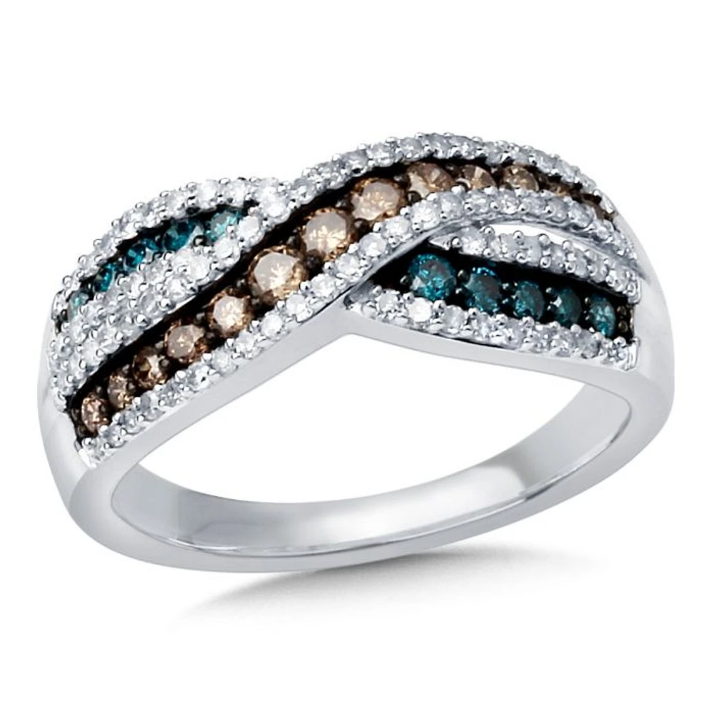 14K White Gold Blue and Brown Color Diamond Twist Ring | Hannoush Jewelers