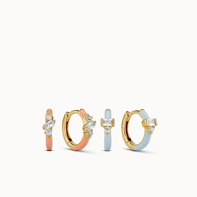 Blue & Peach Enamel Huggies Set Hypoallergenic Earrings | Rowan