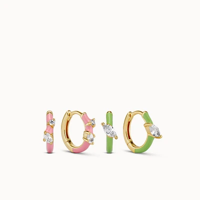 Pink & Green Enamel Huggies Set Hypoallergenic Earrings | Rowan