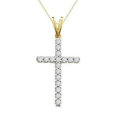 LADIES CROSS PENDANT 1/4 CT ROUND DIAMOND 10K YELLOW GOLD