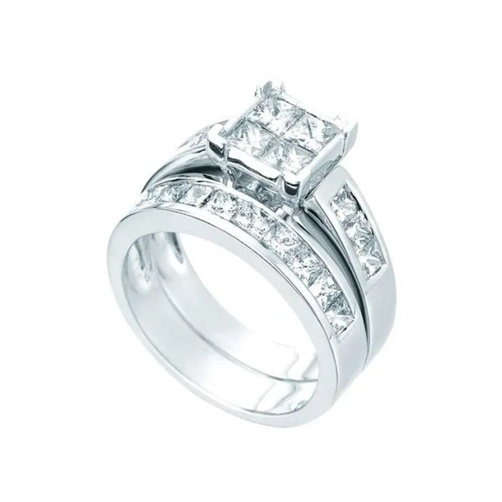 LADIES BRIDAL RING SET 1 1/2 CT PRINCESS DIAMOND 14K WHITE GOLD