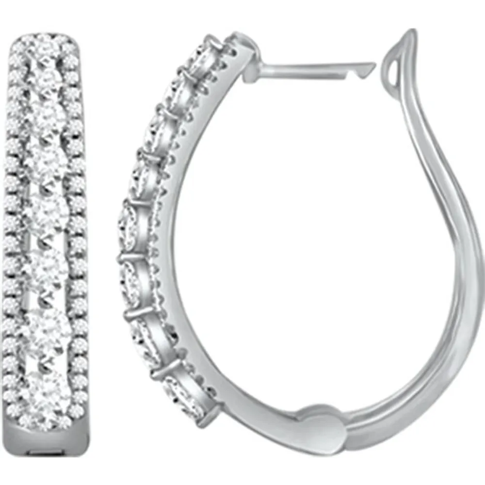 LADIES HOOPS EARRING 1/ CT ROUND DIAMOND 10K WHITE GOLD