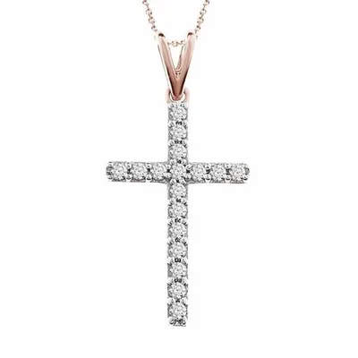 LADIES CROSS PENDANT 1/4 CT ROUND DIAMOND 10K ROSE GOLD