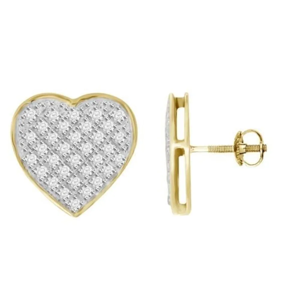 MEN’S EARRINGS 1/4 CT ROUND DIAMOND HEART SHAPE 10K YELLOW GOLD