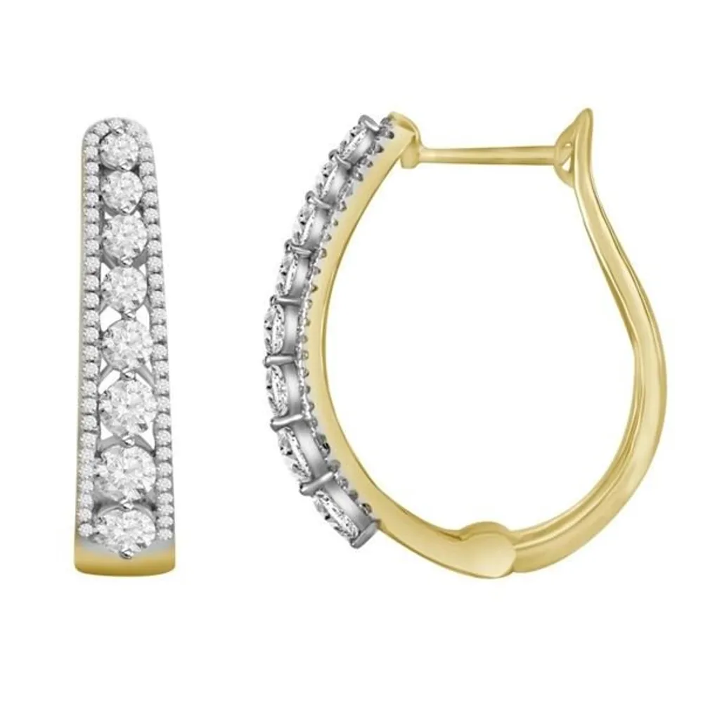 LADIES HOOPS EARRING 1 1/2 CT ROUND DIAMOND 10K YELLOW GOLD