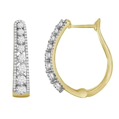 LADIES HOOPS EARRING 1 1/2 CT ROUND DIAMOND 10K YELLOW GOLD