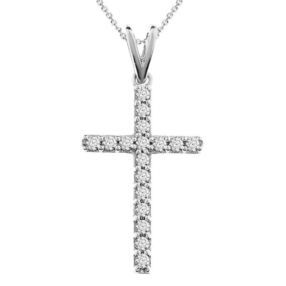 LADIES CROSS PENDANT 1/4 CT ROUND DIAMOND 10K WHITE GOLD