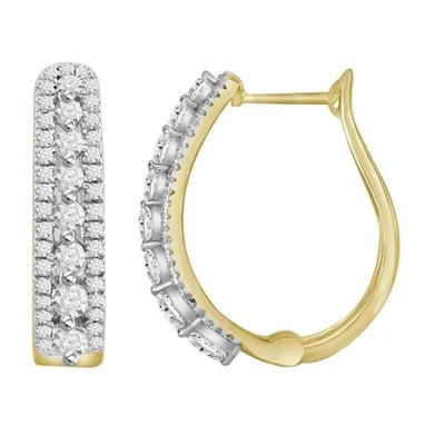 LADIES HOOPS EARRING 1/2 CT ROUND DIAMOND 10K YELLOW GOLD