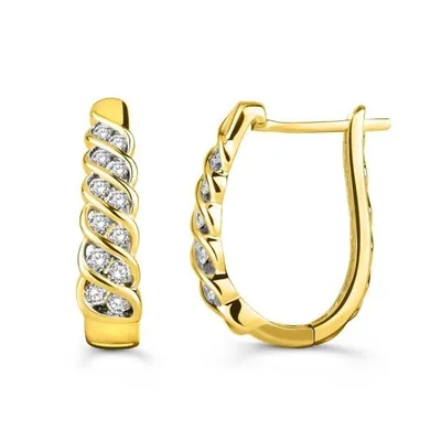 LADIES HOOP EARRINGS 1/2 CT ROUND DIAMOND 10K YELLOW GOLD