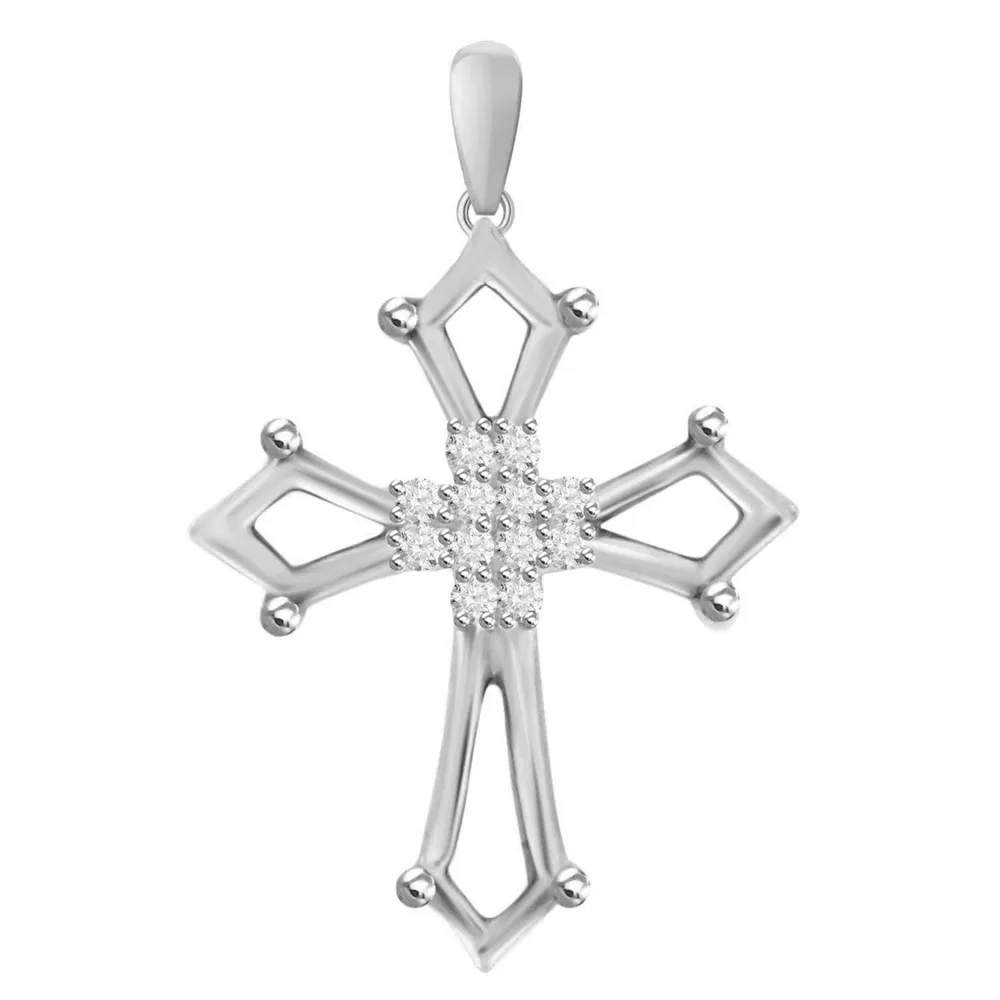 LADIES CROSS PENDANT 1/ CT ROUND DIAMOND 10K WHITE GOLD