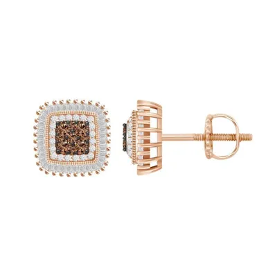 LADIES EARRINGS 1/2 CT WHITE/CHOCOLATE ROUND/BAGUETTE DIAMOND 10K ROSE GOLD