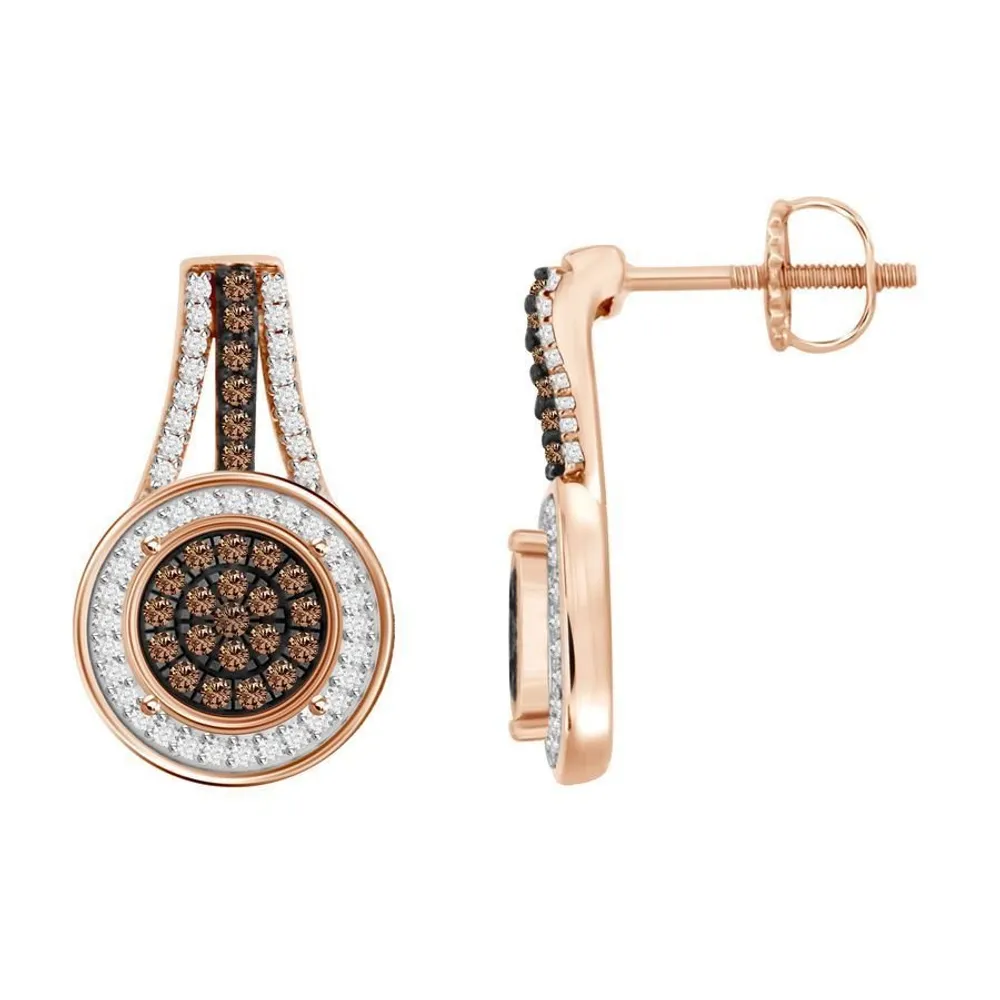 LADIES EARRINGS / CT WHITE/CHOCOLATE ROUND DIAMOND 10K ROSE GOLD