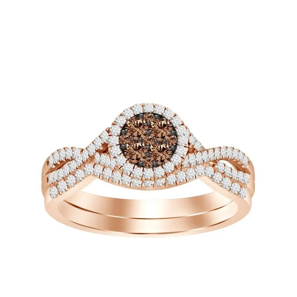 LADIES BRIDAL RING SET 1/3 CT WHITE/CHOCOLATE ROUND DIAMOND 10K ROSE GOLD