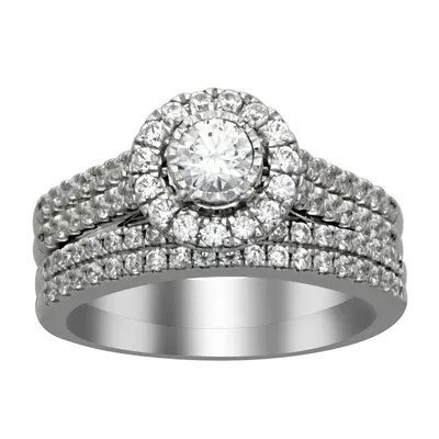 LADIES BRIDAL RING SET 1 CT ROUND DIAMOND 14K WHITE GOLD