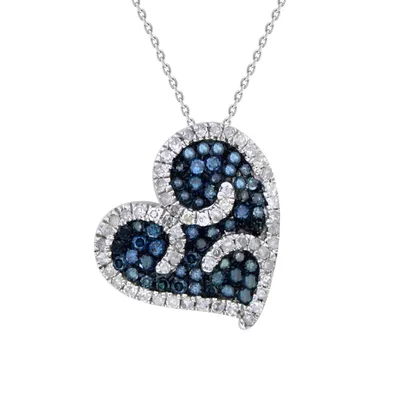 LADIES HEART PENDANT 5/8 CT WHITE/BLUE ROUND DIAMOND SILVER