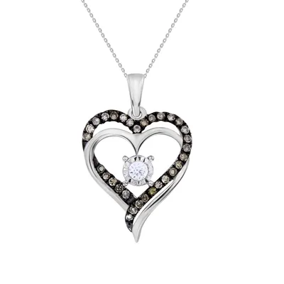 LADIES HEART PENDANT /4 CT WHITE/CHOCOLATE ROUND DIAMOND SILVER