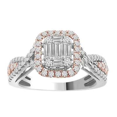 LADIES RING 1/3 CT ROUND/BAGUETTE DIAMOND 14K TT WHITE & ROSE GOLD