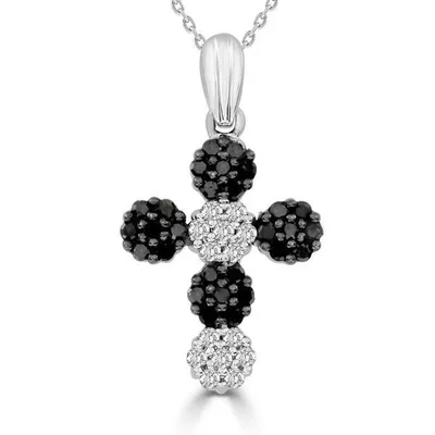 LADIES CROSS PENDANT 1/2 CT WHITE/BLACK ROUND DIAMOND 10K WHITE GOLD