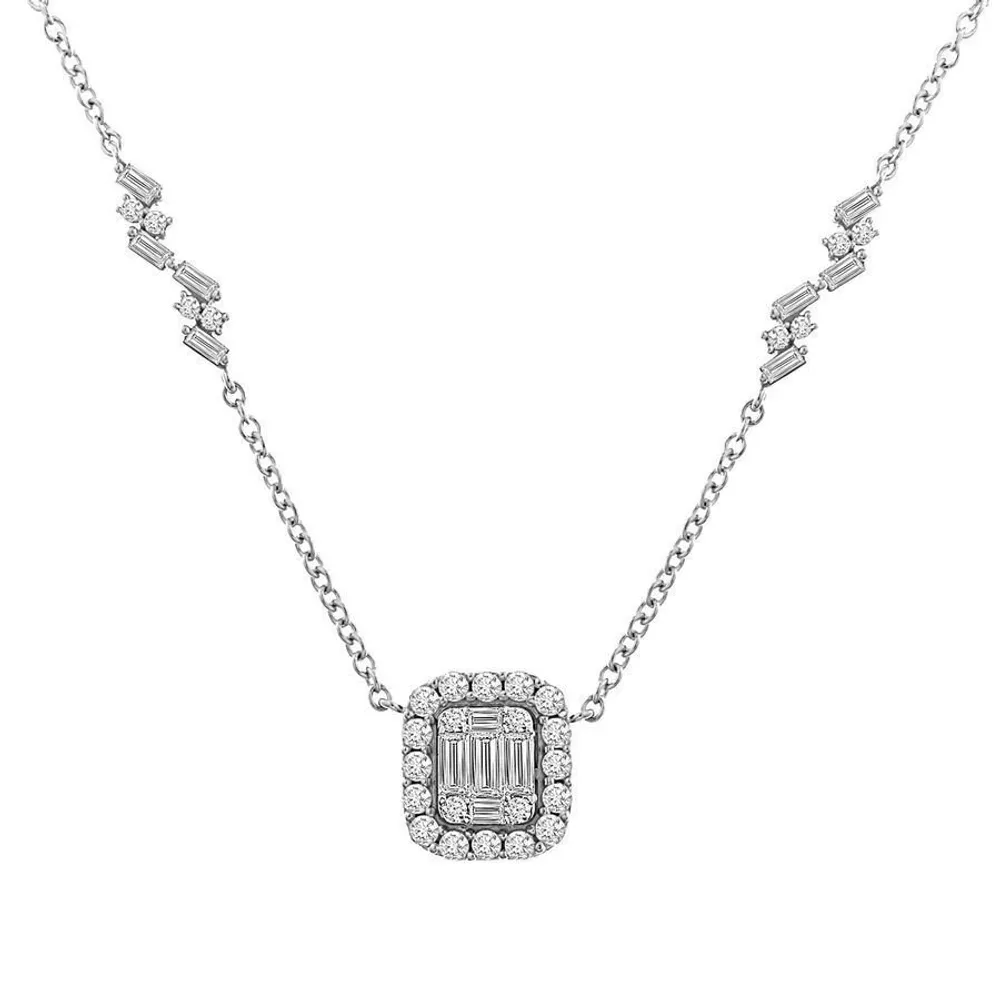 LADIES NECKLACE 1 CT ROUND/BAGUETTE DIAMOND 14K WHITE GOLD