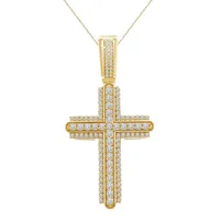 MENS CROSS PENDANT 1 CT ROUND DIAMOND 10K YELLOW GOLD