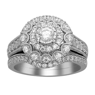 LADIES BRIDAL RING SET 1 CT ROUND DIAMOND 14KT WHITE GOLD