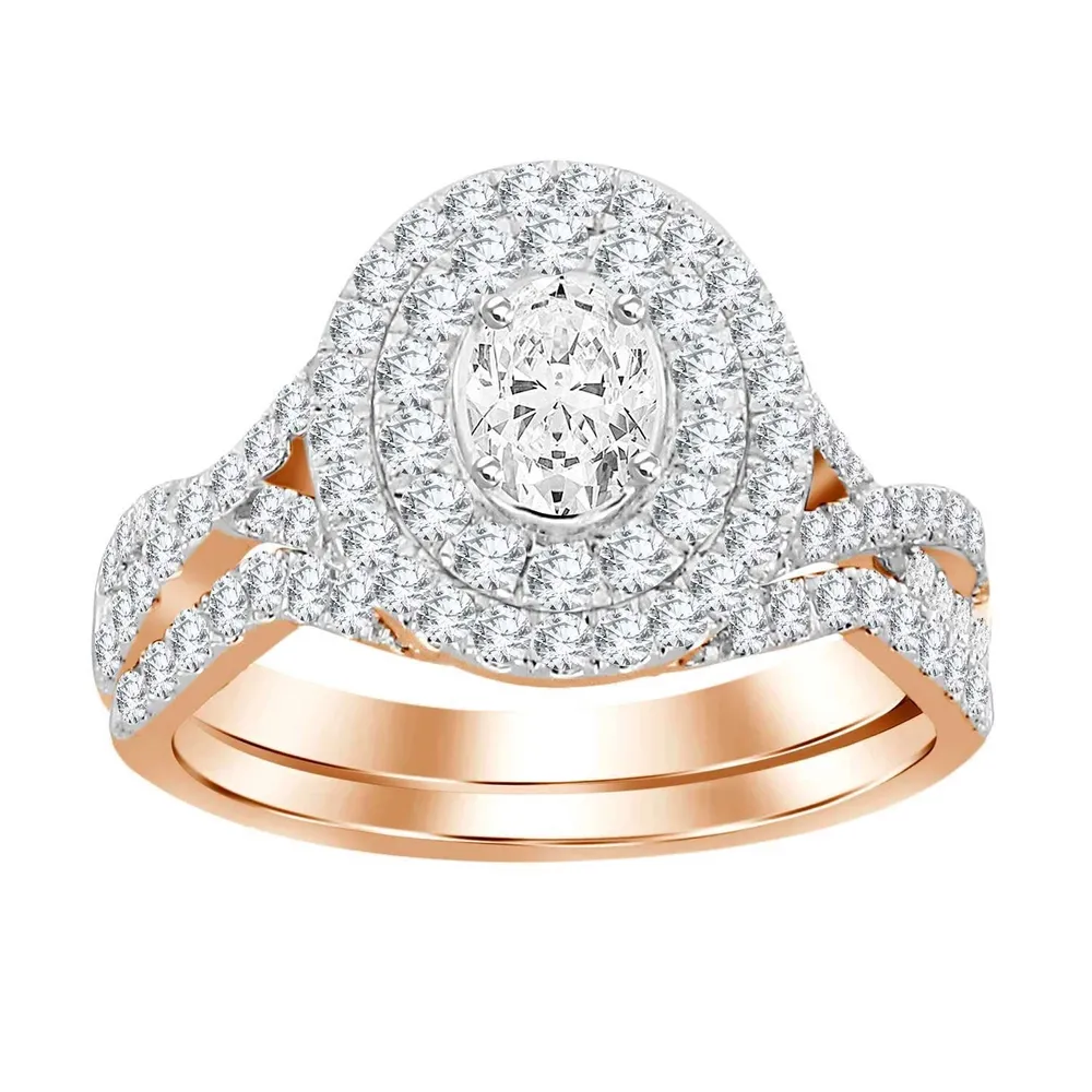 LADIES BRIDAL RING SET 1 CT ROUND DIAMOND 14K ROSE GOLD