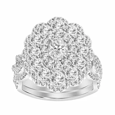 LADIES BRIDAL RING SET 1 CT ROUND/OVEL DIAMOND 14K WHITE GOLD