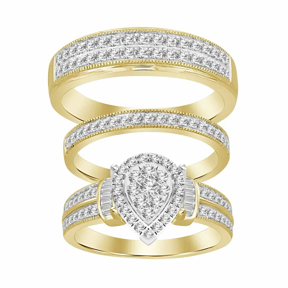 LADIES TRIO SET 1 CT ROUND/BAGUETTE DIAMOND 10K YELLOW GOLD