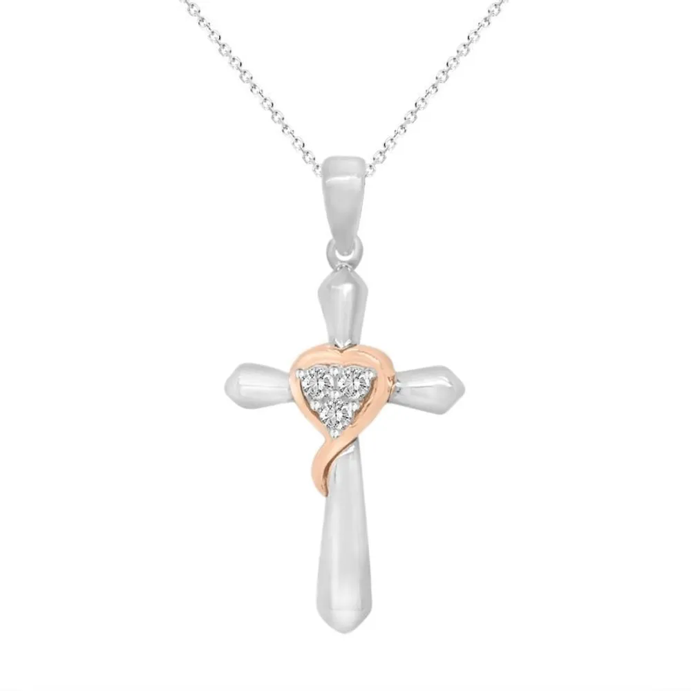 LADIES CROSS PENDANT 1/10 CT ROUND DIAMOND 10K TT WHITE & ROSE GOLD