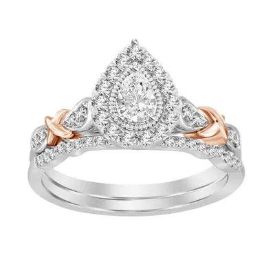 LADIES BRIDAL RING SET 1/2 CT ROUND/PEAR DIAMOND 14K TT WHITE & ROSE GOLD