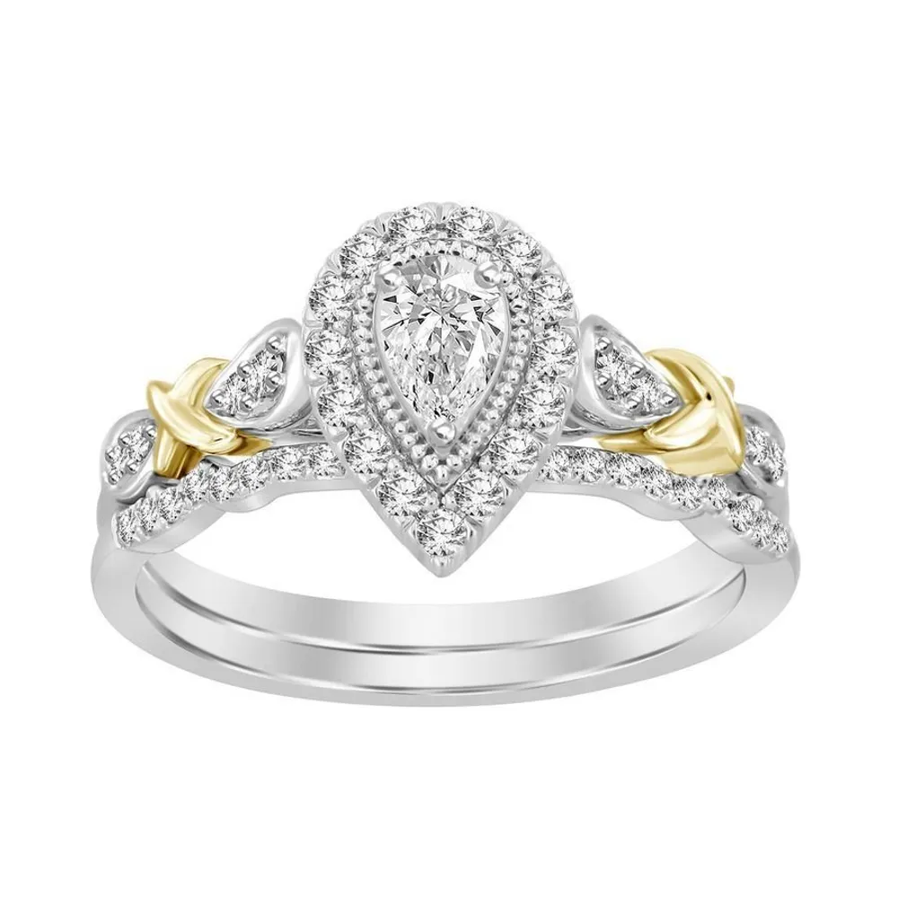 LADIES BRIDAL RING SET 1/2 CT ROUND/PEAR DIAMOND 14K TT WHITE & YELLOW GOLD