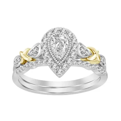 LADIES BRIDAL RING SET 1/2 CT ROUND/PEAR DIAMOND 14K TT WHITE & YELLOW GOLD