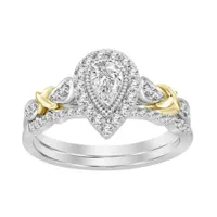 LADIES BRIDAL RING SET 1/2 CT ROUND/PEAR DIAMOND 14K TT WHITE & YELLOW GOLD