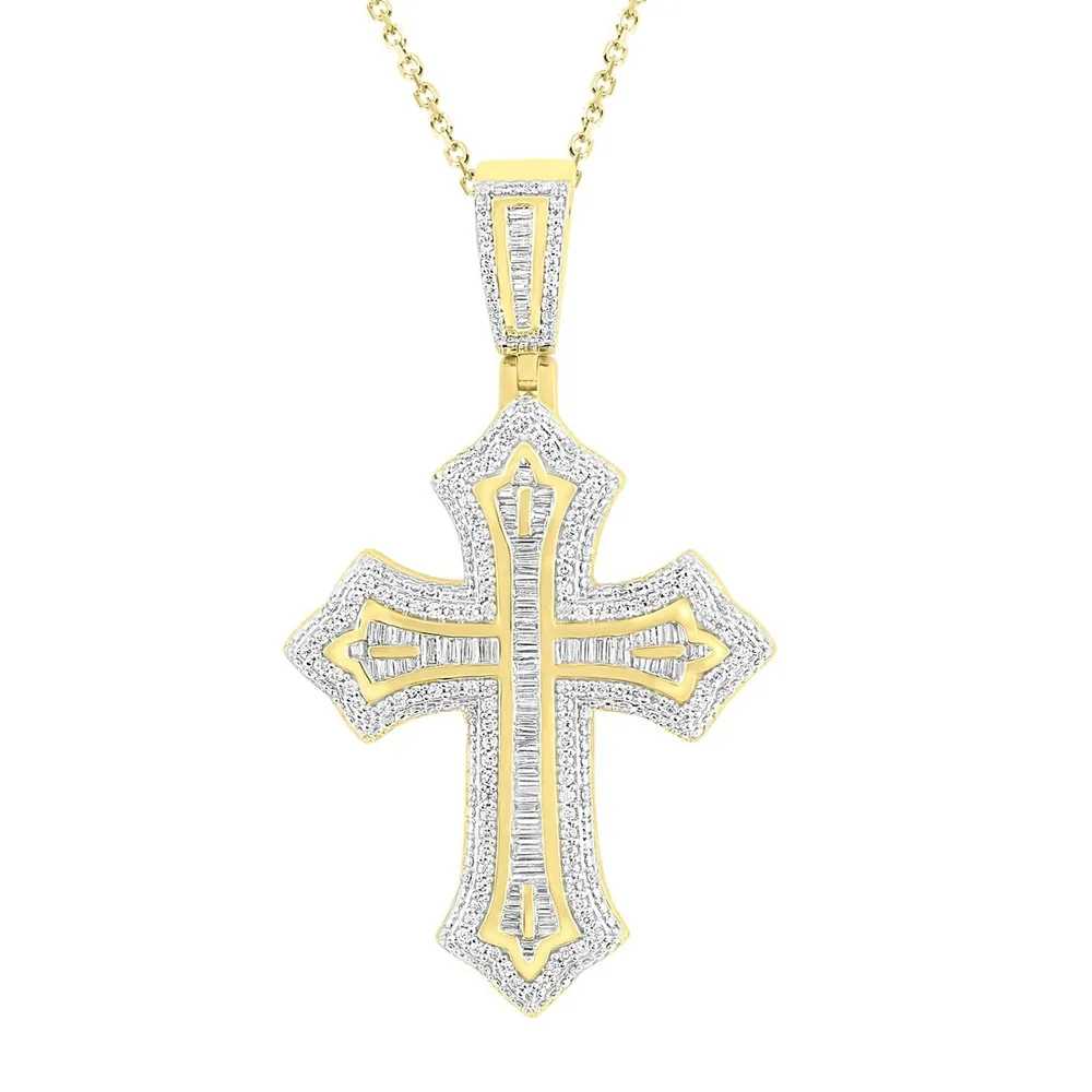 MEN’S CROSS 1 1/2CT ROUND/BAGUETTE DIAMOND 10K YELLOW GOLD