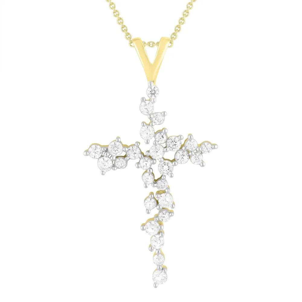 LADIES CROSS PENDANT 1/2 CT ROUND DIAMOND 10K YELLOW GOLD