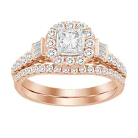 LADIES BRIDAL RING SET 1 CT ROUND/PRINCESS/BAGUETTE DIAMOND 14K ROSE GOLD
