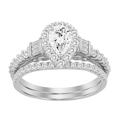 LADIES BRIDAL RING SET 1 CT ROUND/PEAR/BAGUETTE DIAMOND 14K GOLD