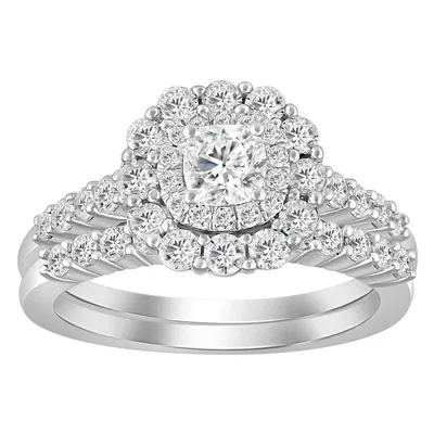 LADIES BRIDAL RING SET 1 1/4 CT ROUND/CUSHION DIAMOND 14K WHITE GOLD