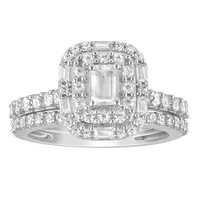 LADIES BRIDAL RING SET 1 1/4 CT EMERALD/ROUND/BAGUETTE DIAMOND 14K WHITE GOLD