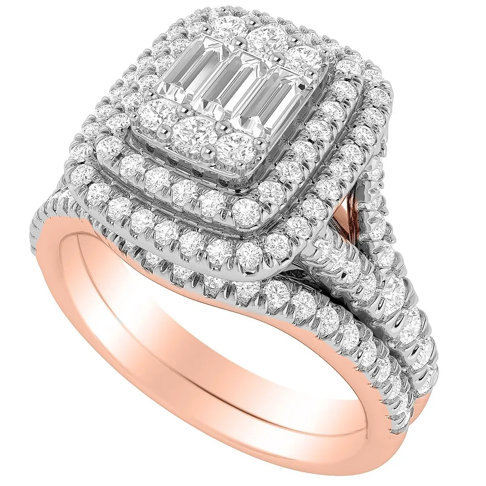 LADIES BRIDAL RING SET 1 CT ROUND/BAGUETTE DIAMOND 14K ROSE GOLD